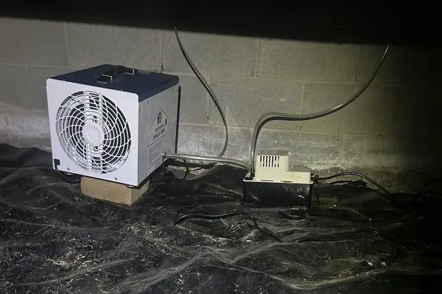 Dehumidifier and condensate pump on a crawl space vapor barrier