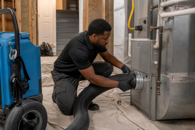 Fresh Cleaning Solutions technician connecting a negative-air duct cleaning machine
