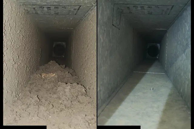 Before and after air duct cleaning: a dust-filled trunk duct and the same duct clean