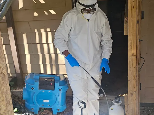 Crew in a protective suit treating the area, air mover running