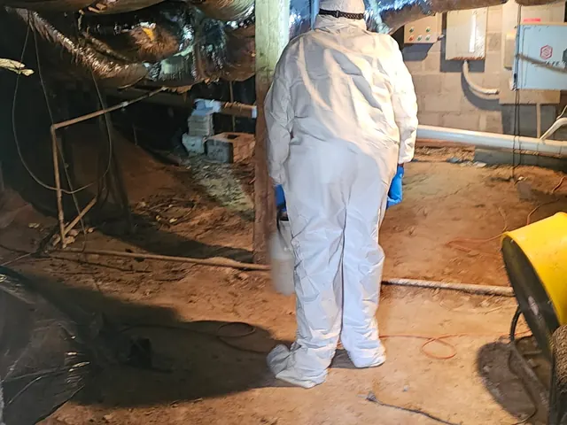 Crew in a protective suit working a crawl space