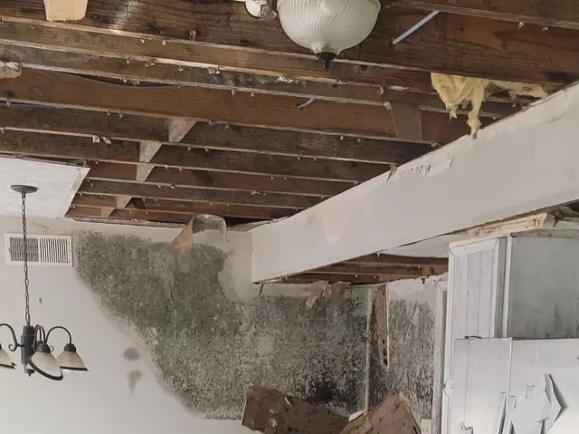 Kitchen ceiling torn out after a leak, mold on the wall