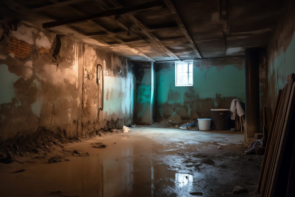 horribly flooded basement with dirt and water all over